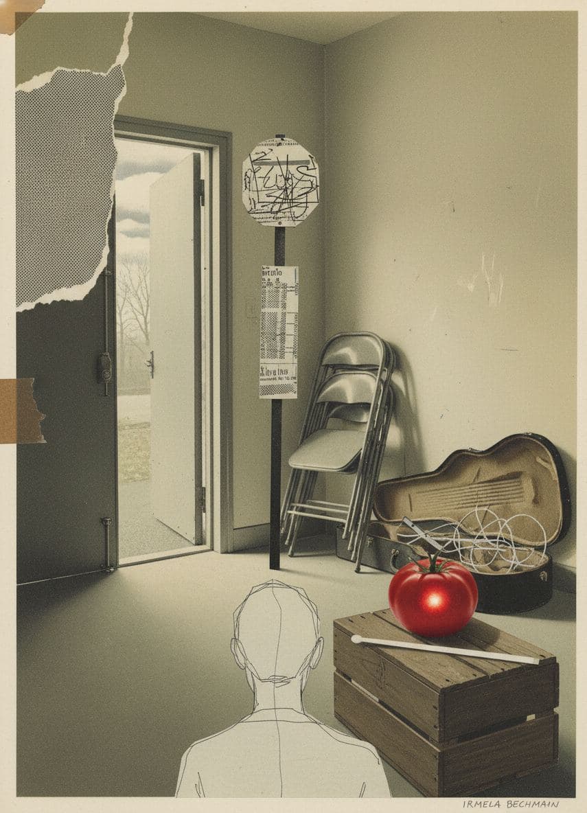 Backstage with a Tomato — collage by Irmela Bechmann — MODULAR · a one-of-a-kind original