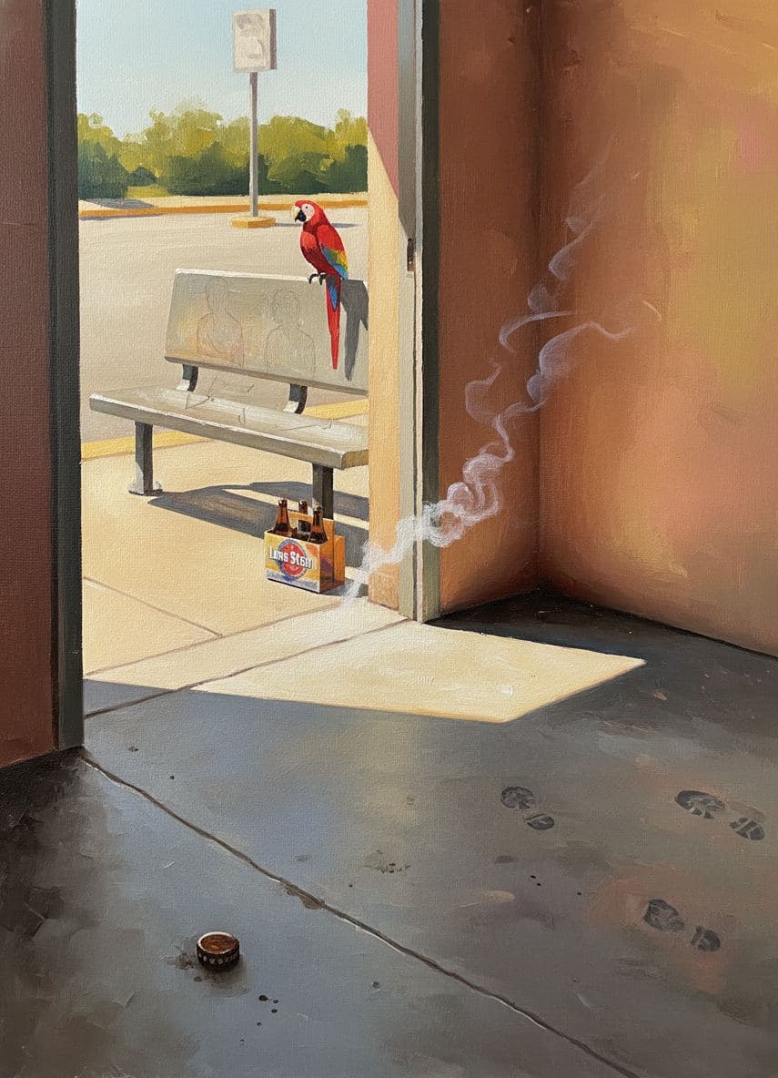 Bus Stop with a Red Bird — abstract work by Viktor Eklund — MODULAR · a one-of-a-kind original