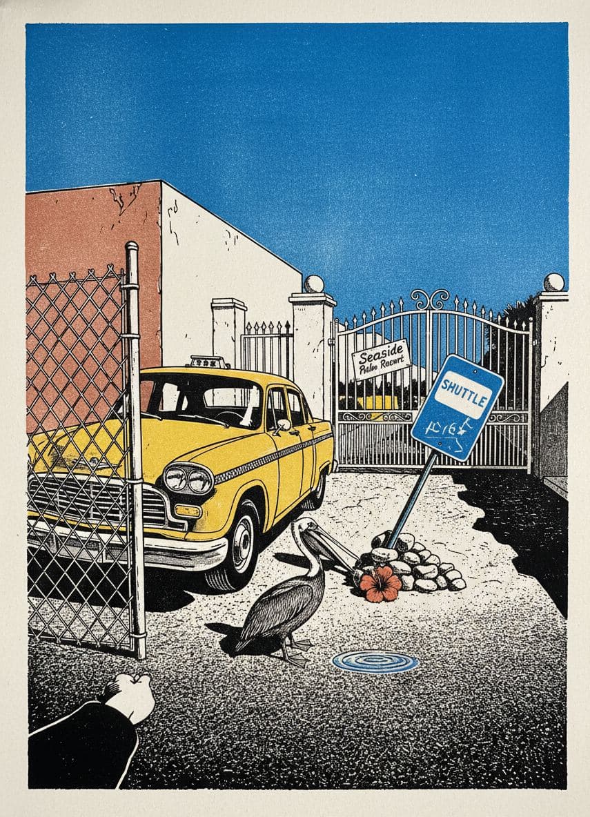 Cab Beside the Resort Gate — print by Yuko Shimizu-Tachibana — MODULAR · 13 × 18 cm limited edition of 10