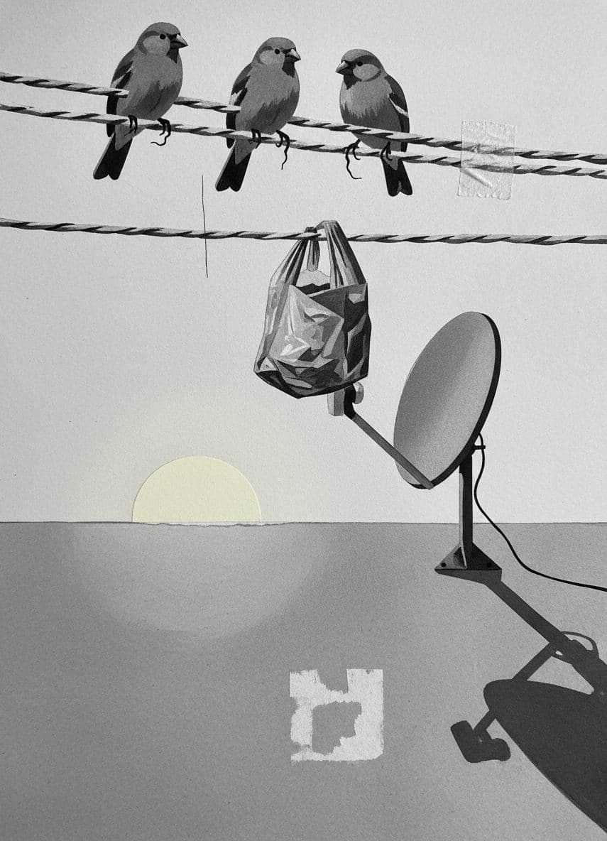 Early Morning Perch — collage by Irmela Bechmann — MODULAR · a one-of-a-kind original