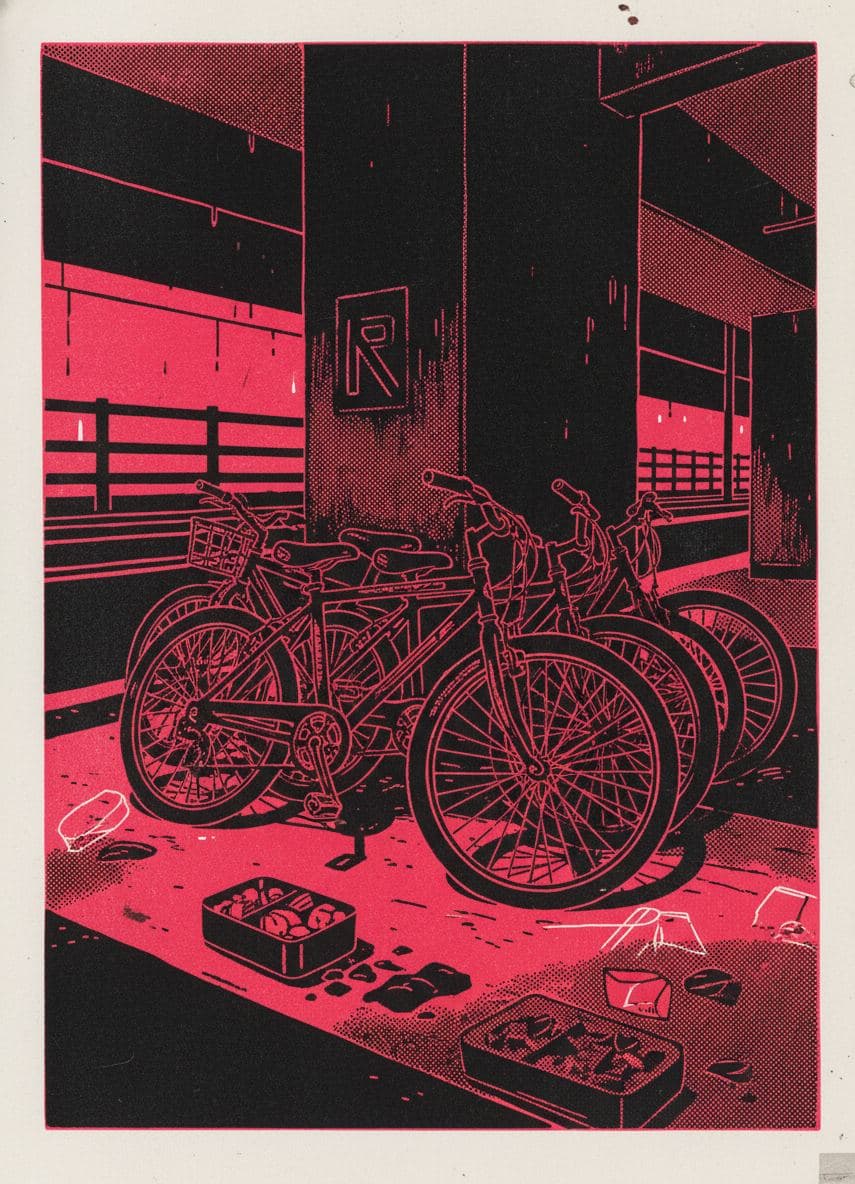 Finding the Flat Tire — print by Yuko Shimizu-Tachibana — MODULAR · a one-of-a-kind original