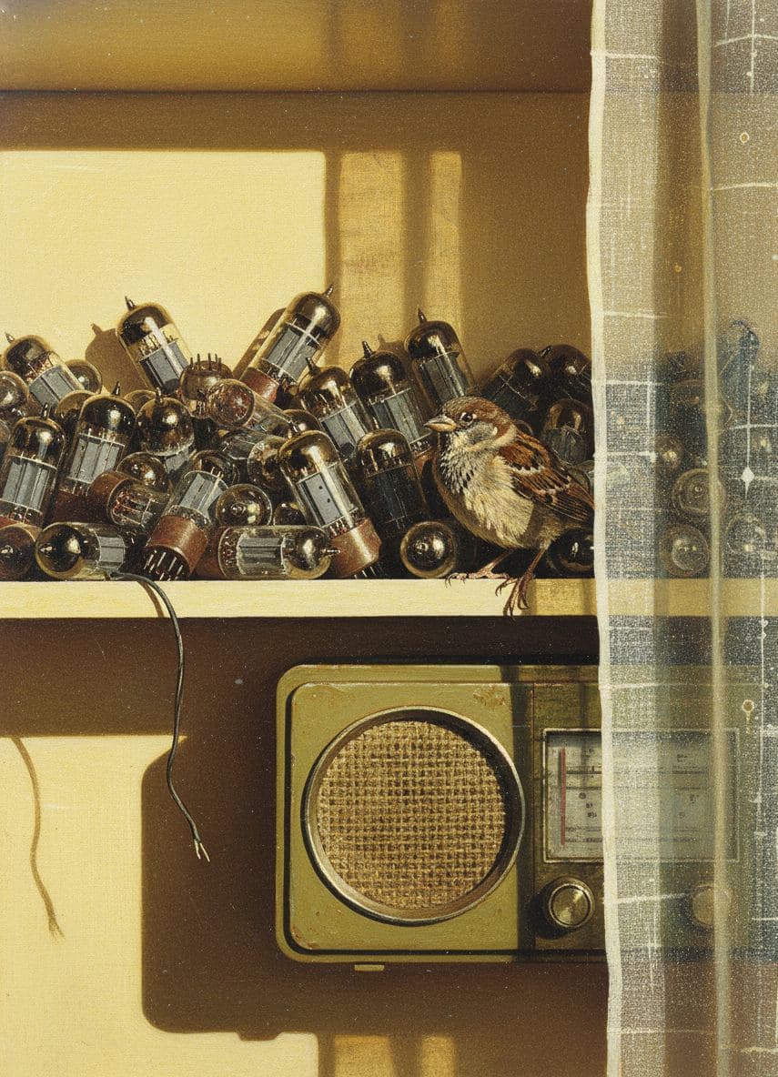 Garage Shelf with a Sparrow — abstract work by Viktor Eklund — MODULAR · a one-of-a-kind original