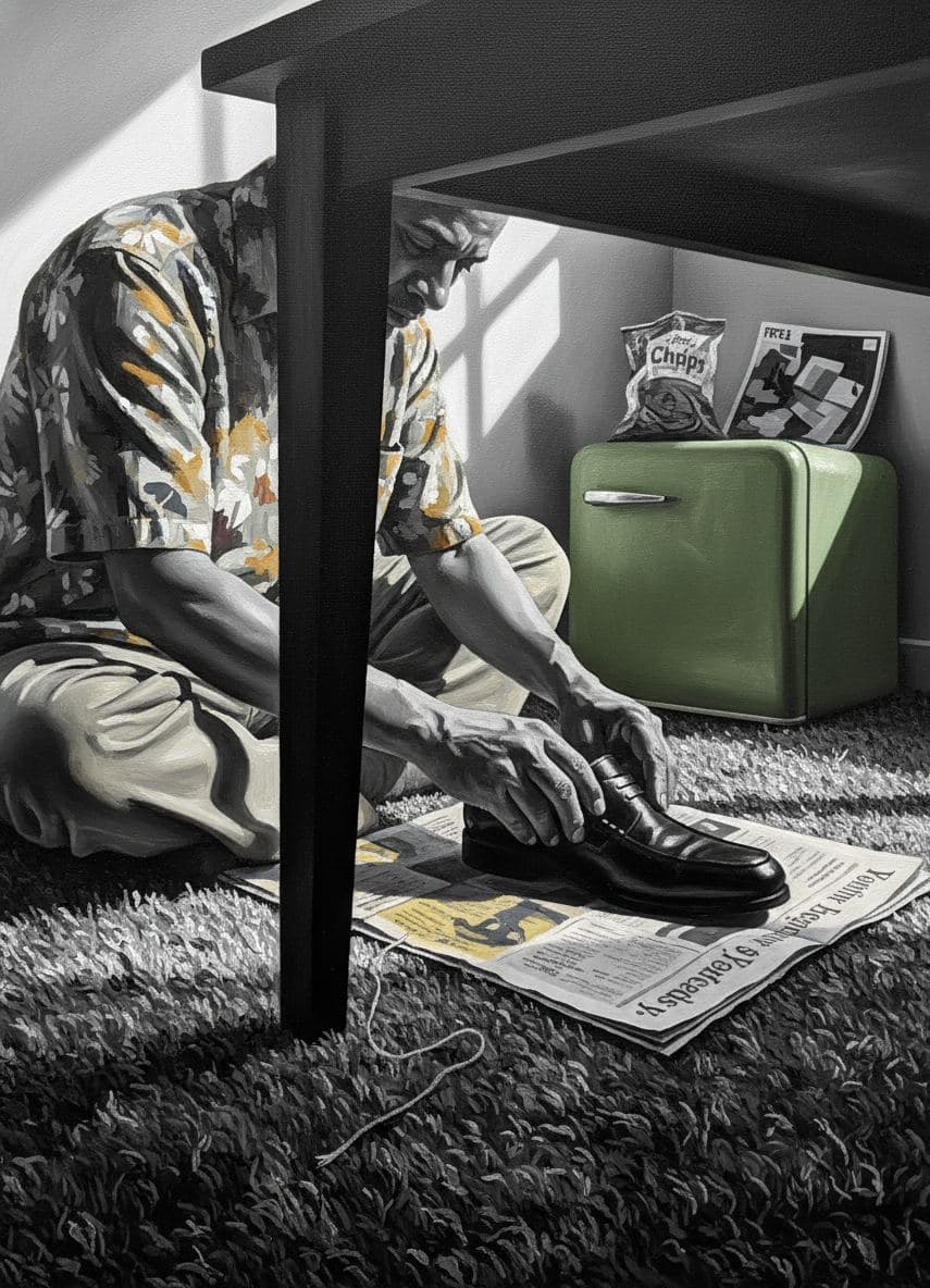 Man Polishes His Loafers — abstract work by Stefan Tannhäuser — MODULAR · a one-of-a-kind original