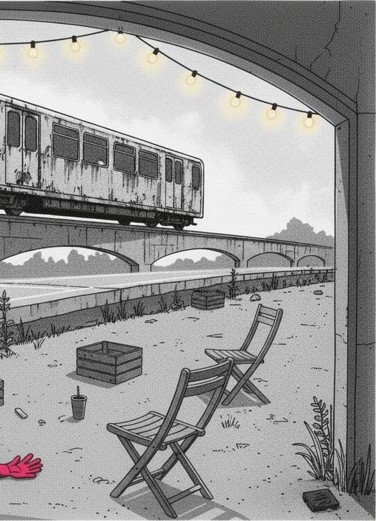 Monorail Over Zucchini — print by Hilda Prosser — MODULAR · 13 × 18 cm limited edition of 10