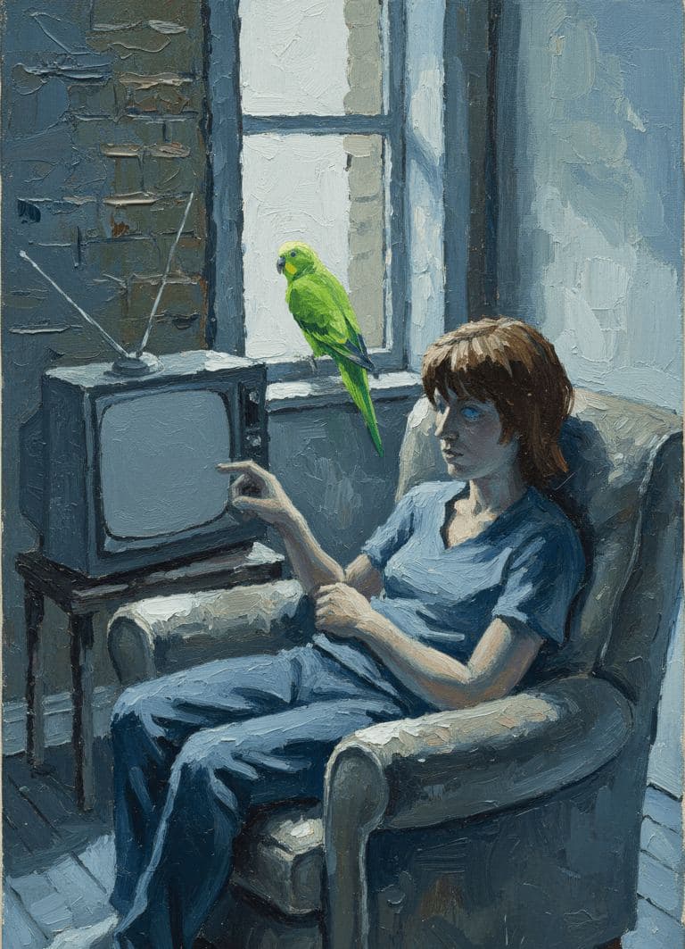 Parakeet and the Television — painting by Matteo Iannelli — MODULAR · 13 × 18 cm limited edition of 10