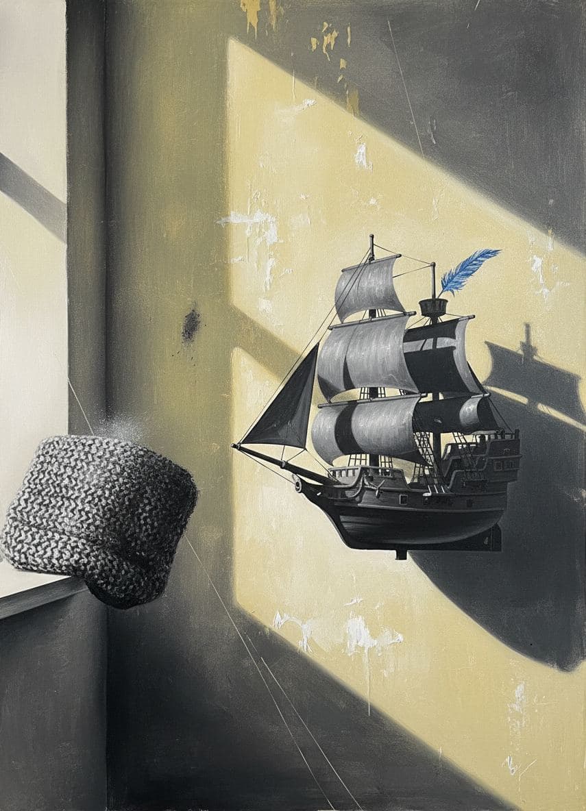 Pirate Ship on Yellow Wall — abstract work by Viktor Eklund — MODULAR · a one-of-a-kind original