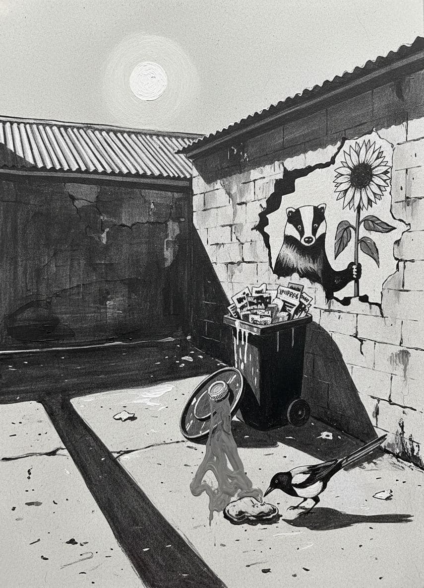 Pocked Alley with a Magpie — abstract work by Stefan Tannhäuser — MODULAR · a one-of-a-kind original