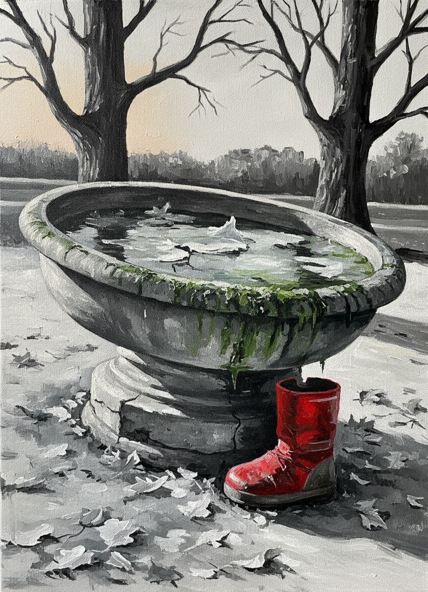 Red Boot Resting in Winter — abstract work by Viktor Eklund — MODULAR · a one-of-a-kind original