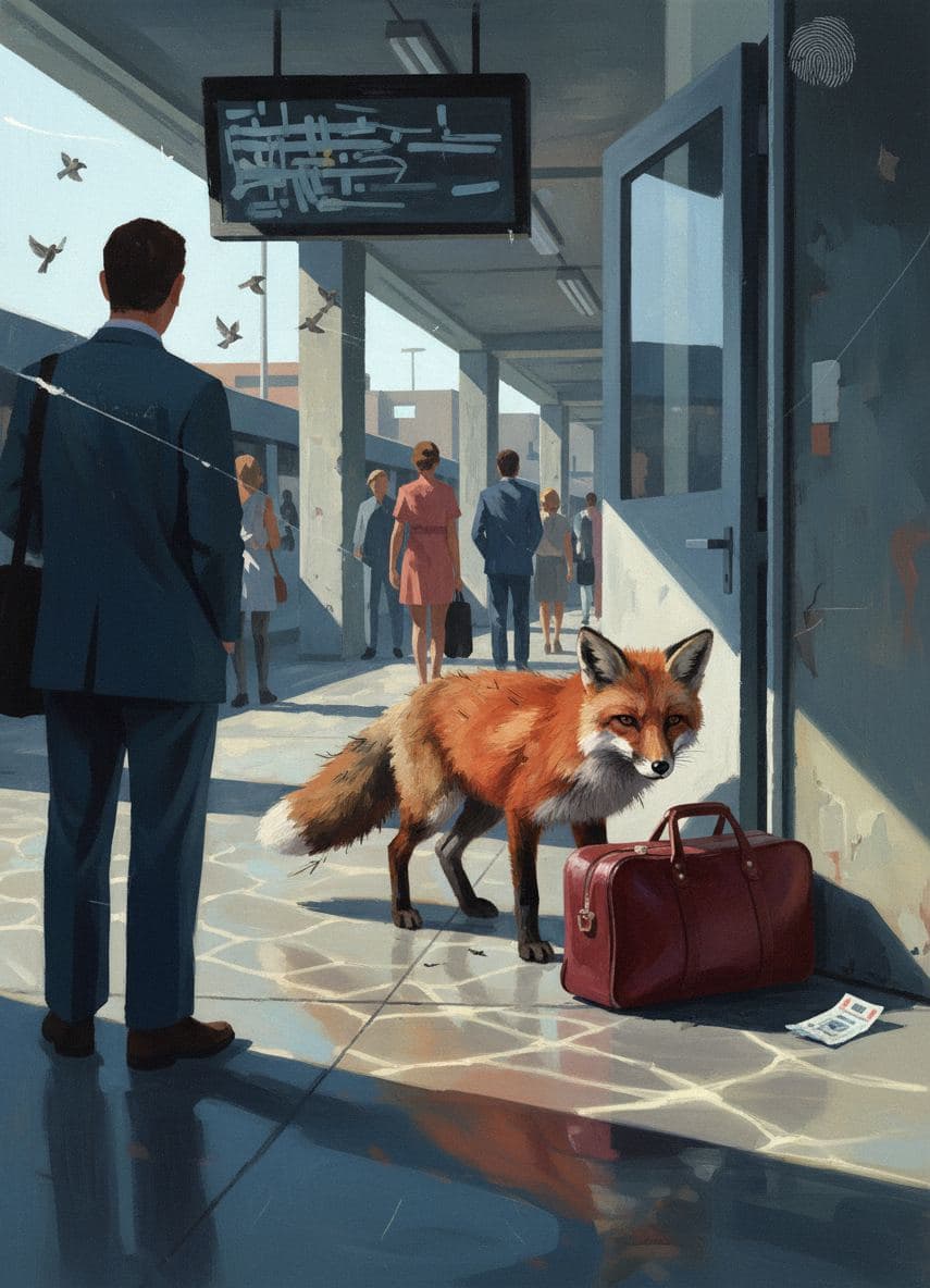Red Fox Dragging Luggage — abstract work by Viktor Eklund — MODULAR · a one-of-a-kind original