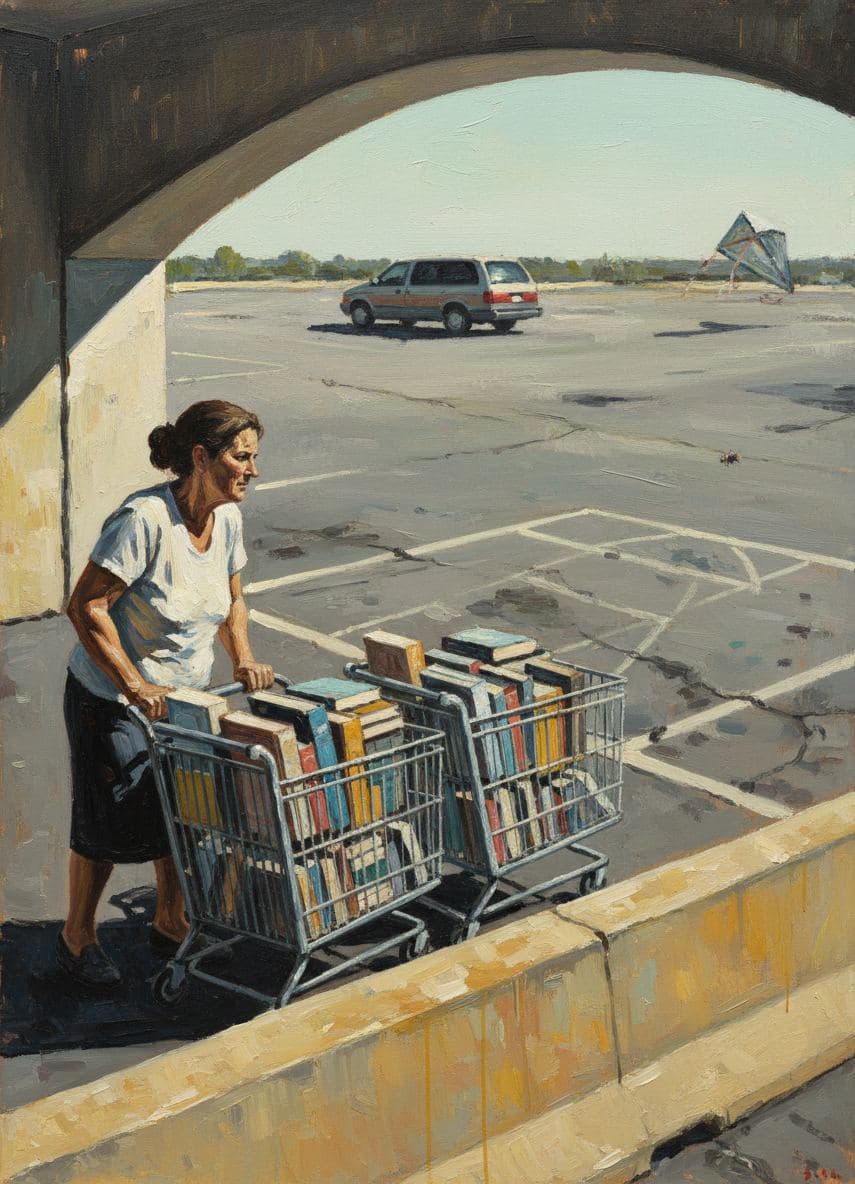 Rosa Pushing the Books — abstract work by Stefan Tannhäuser — MODULAR · a one-of-a-kind original