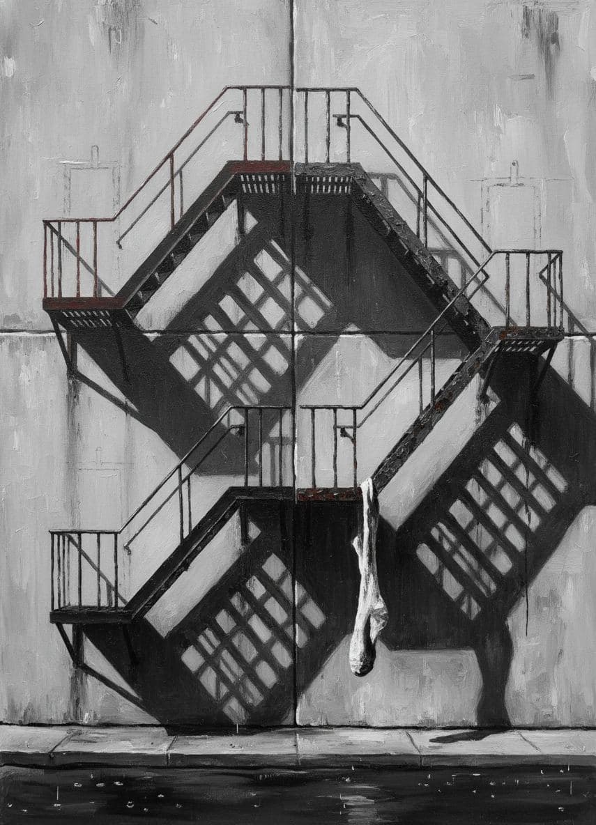Rusty Fire Escape with Sock — abstract work by Saskia Vandenberg — MODULAR · a one-of-a-kind original