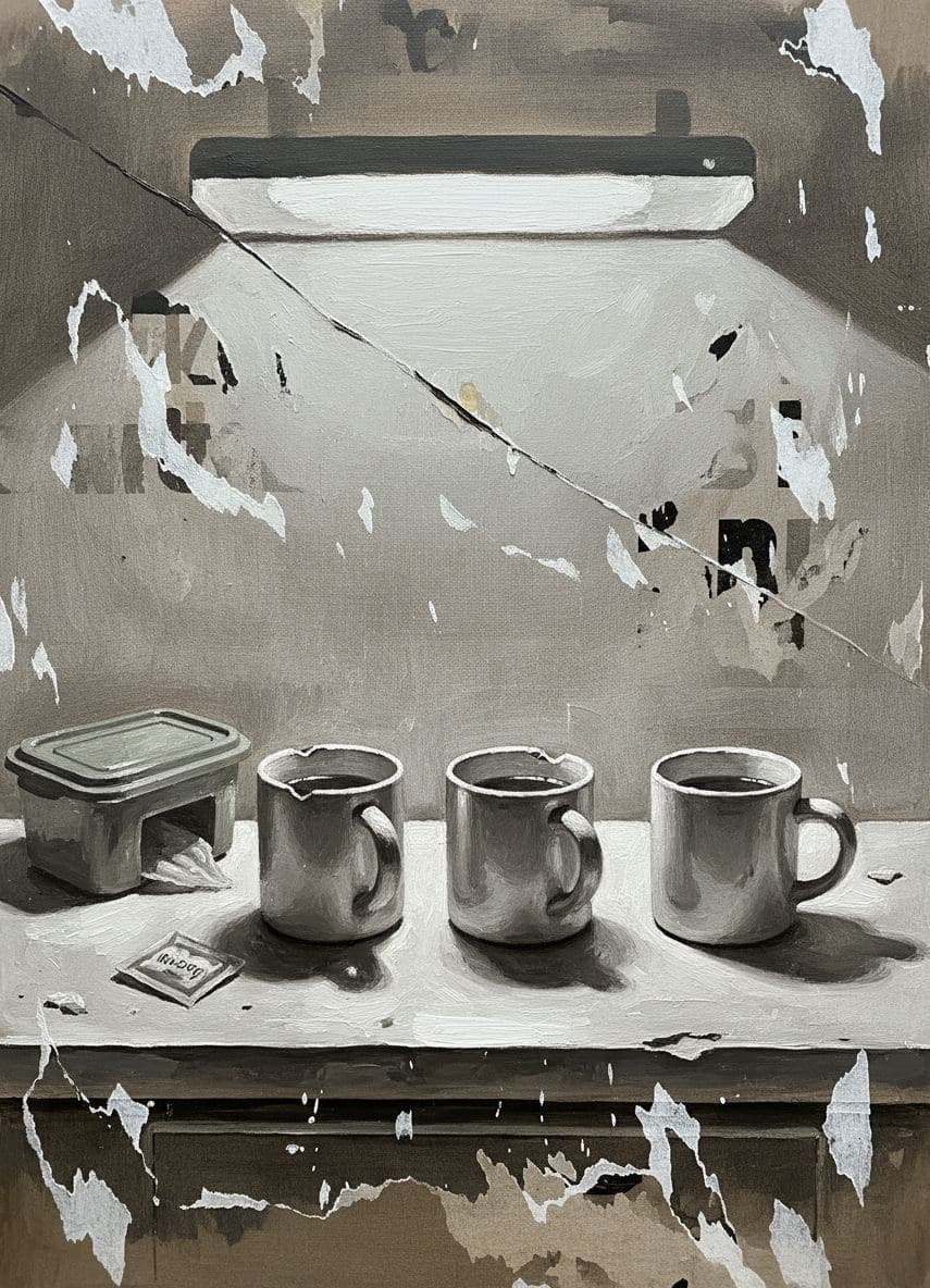 Someone Aligning the Mugs — collage by Irmela Bechmann — MODULAR · a one-of-a-kind original
