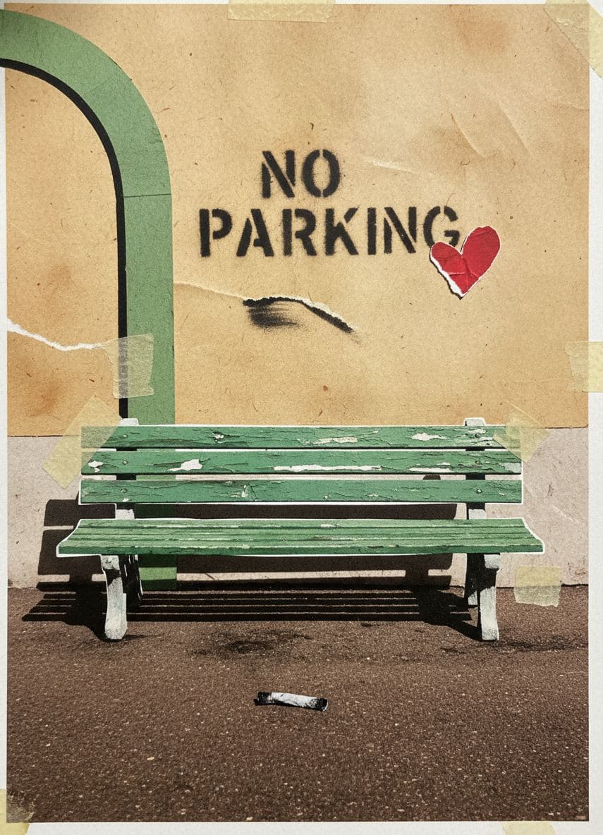 The Bench Facing the Wall — collage by Irmela Bechmann — MODULAR · a one-of-a-kind original