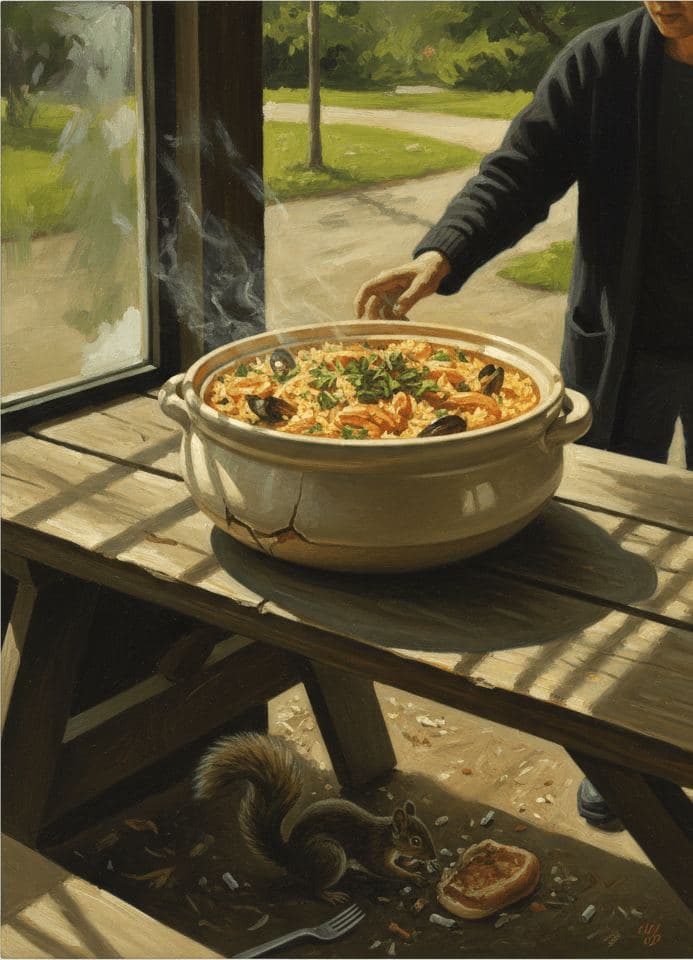 The Grand Unattended Paella — print by Hilda Prosser — MODULAR · 13 × 18 cm limited edition of 10