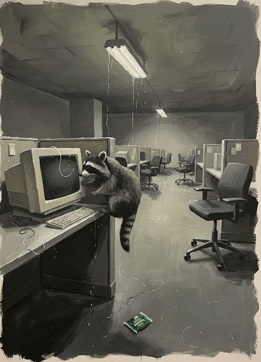 The Raccoon's Monitor — collage by Irmela Bechmann — MODULAR · a one-of-a-kind original