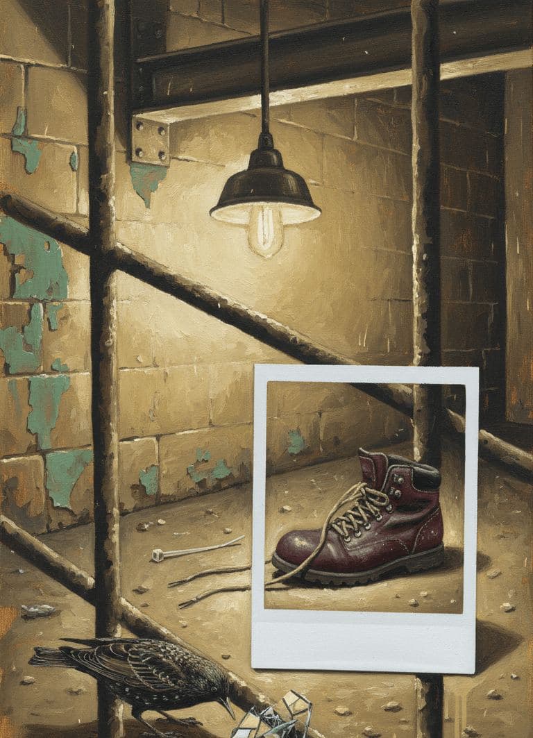 The Scuffed Burgundy Boot — abstract work by Viktor Eklund — MODULAR · 13 × 18 cm limited edition of 10