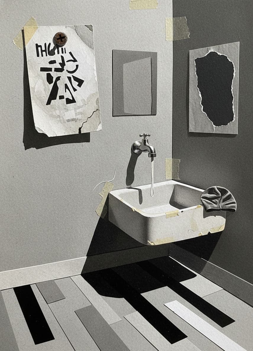 The Swimmer Forgets a Cap — collage by Irmela Bechmann — MODULAR · a one-of-a-kind original