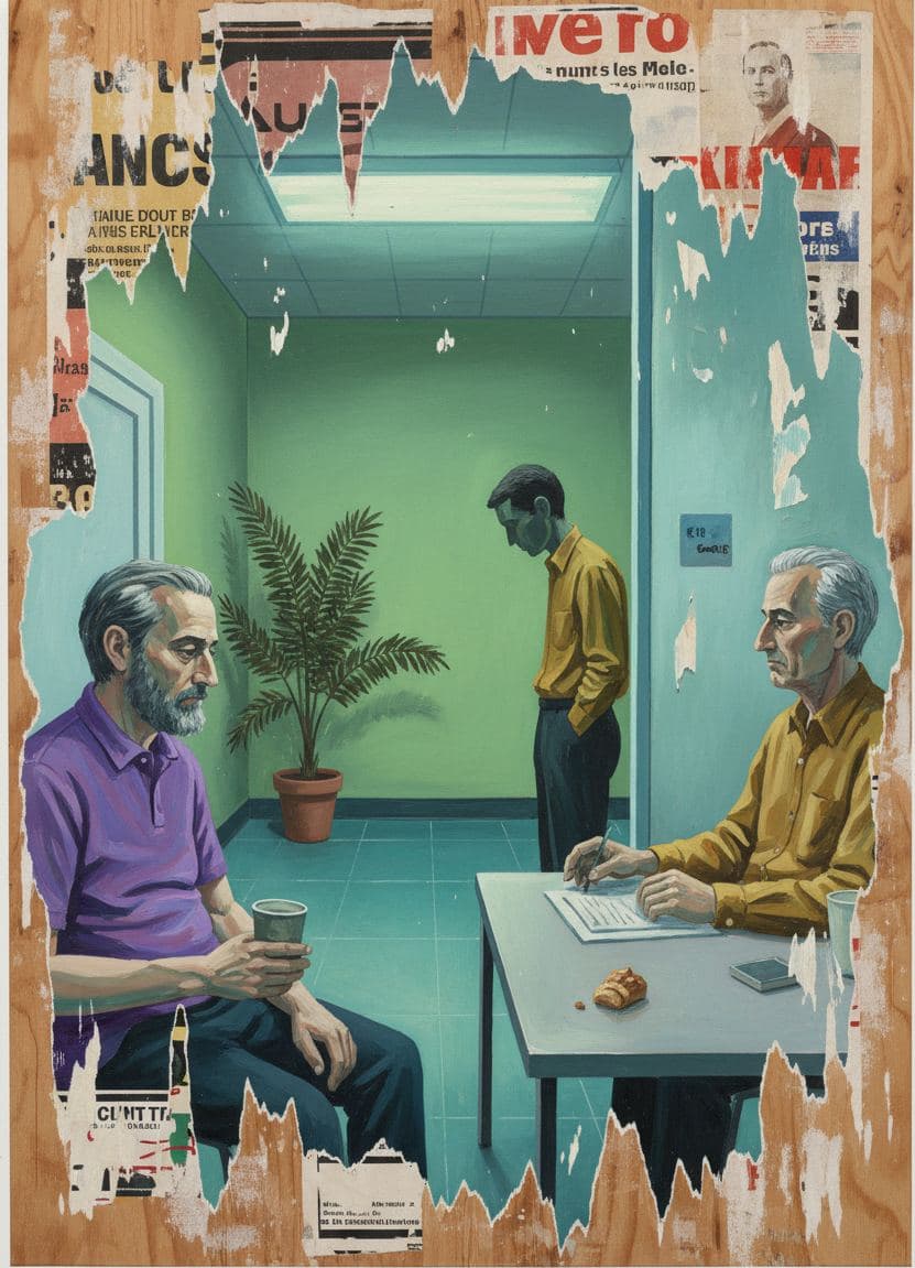 Three Men in Waiting — collage by Irmela Bechmann — MODULAR · a one-of-a-kind original