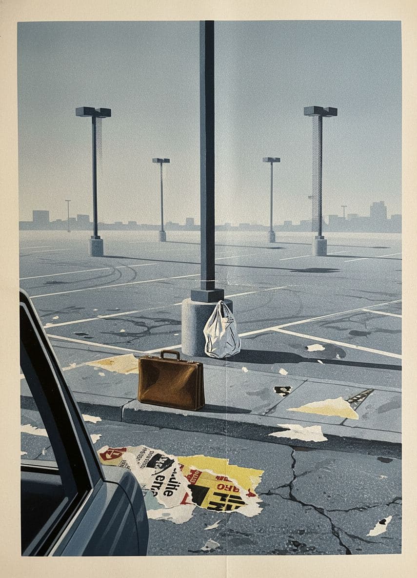 Untitled (Corporate Lot, Mist) — collage by Irmela Bechmann — MODULAR · a one-of-a-kind original