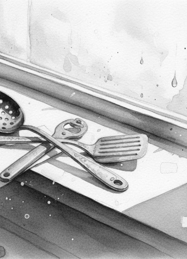 Utensils on the Sill — painting by Wenfeng Lu — MODULAR · 13 × 18 cm limited edition of 10