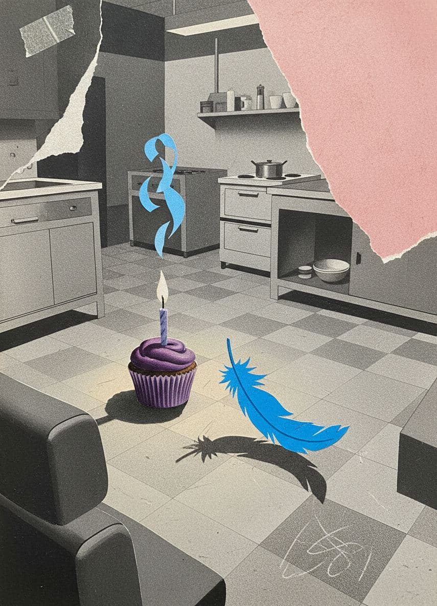 Violet Cupcake on the Floor — collage by Irmela Bechmann — MODULAR · a one-of-a-kind original