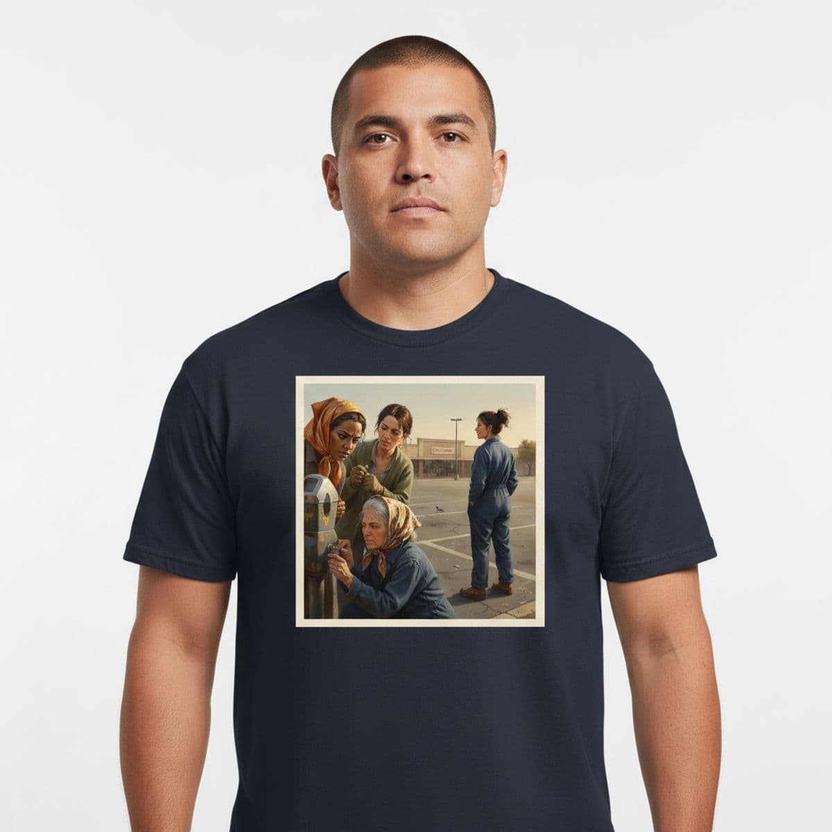 Aisha Coaxing the Meter printed on a t-shirt, worn