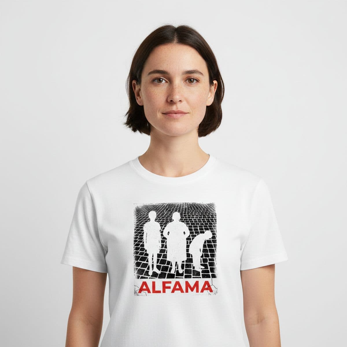 Alfama Plaza Victory Lap printed on a t-shirt, worn