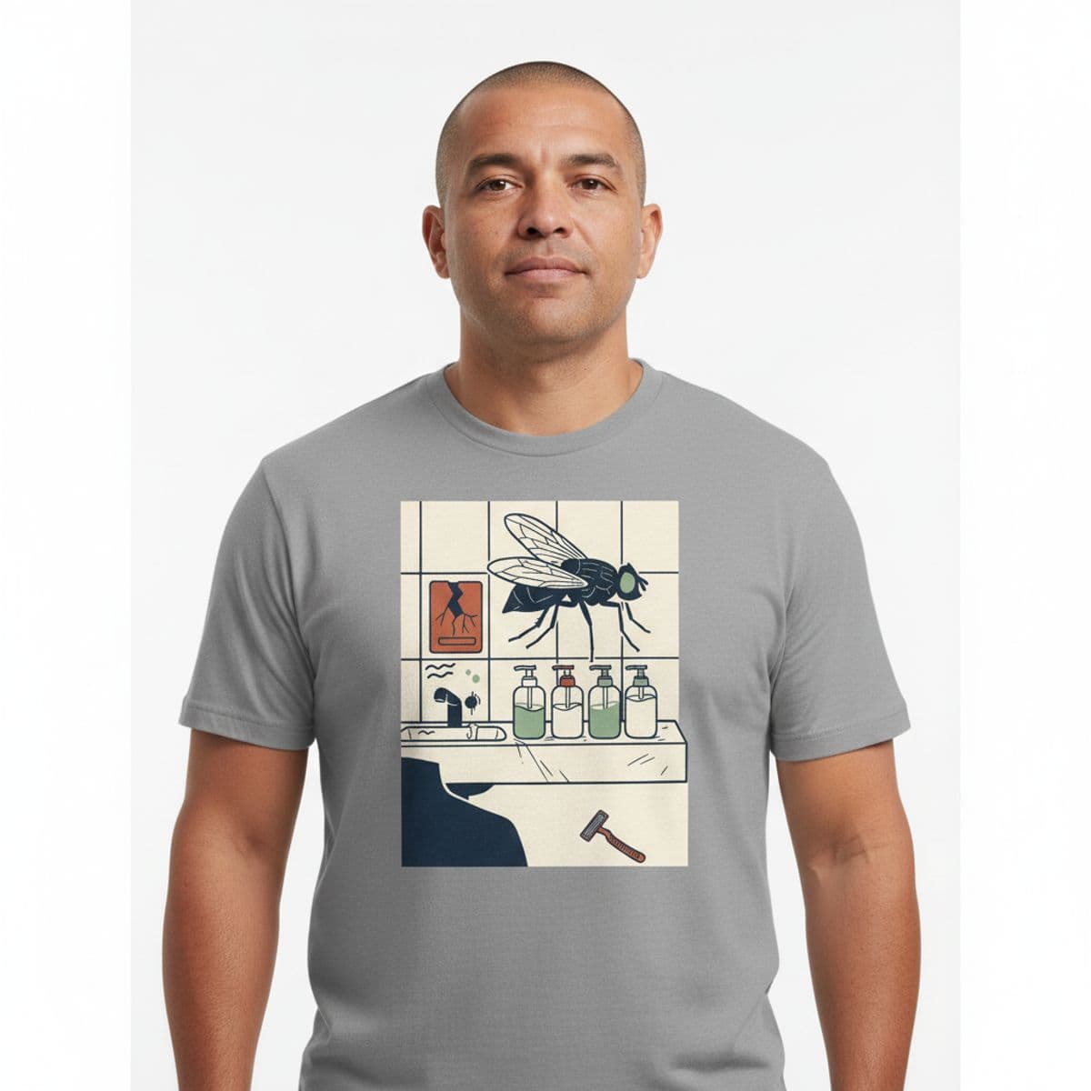 Arranging the Soap Bottles printed on a t-shirt, worn