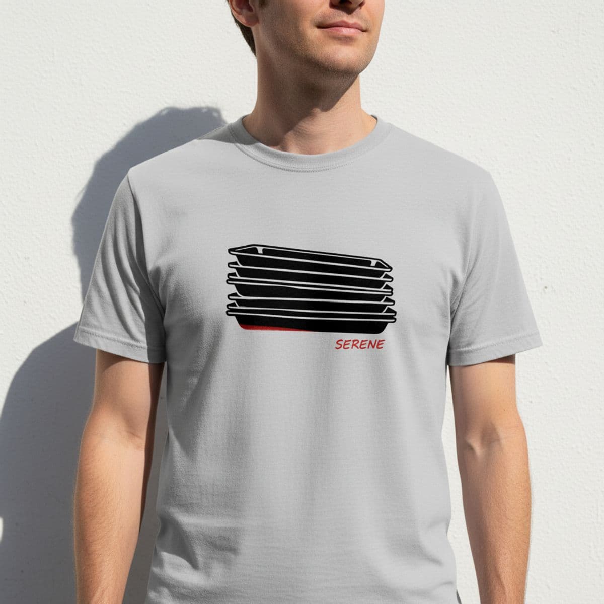 Balancing the Cafeteria Trays printed on a t-shirt, worn