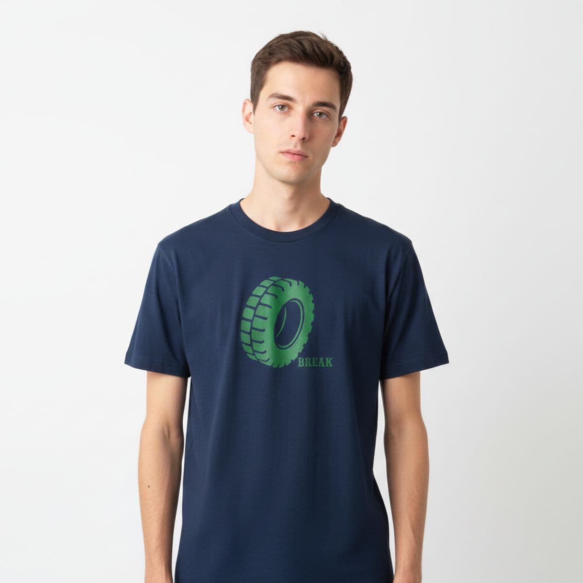 Break Room with a Tire printed on a t-shirt, worn