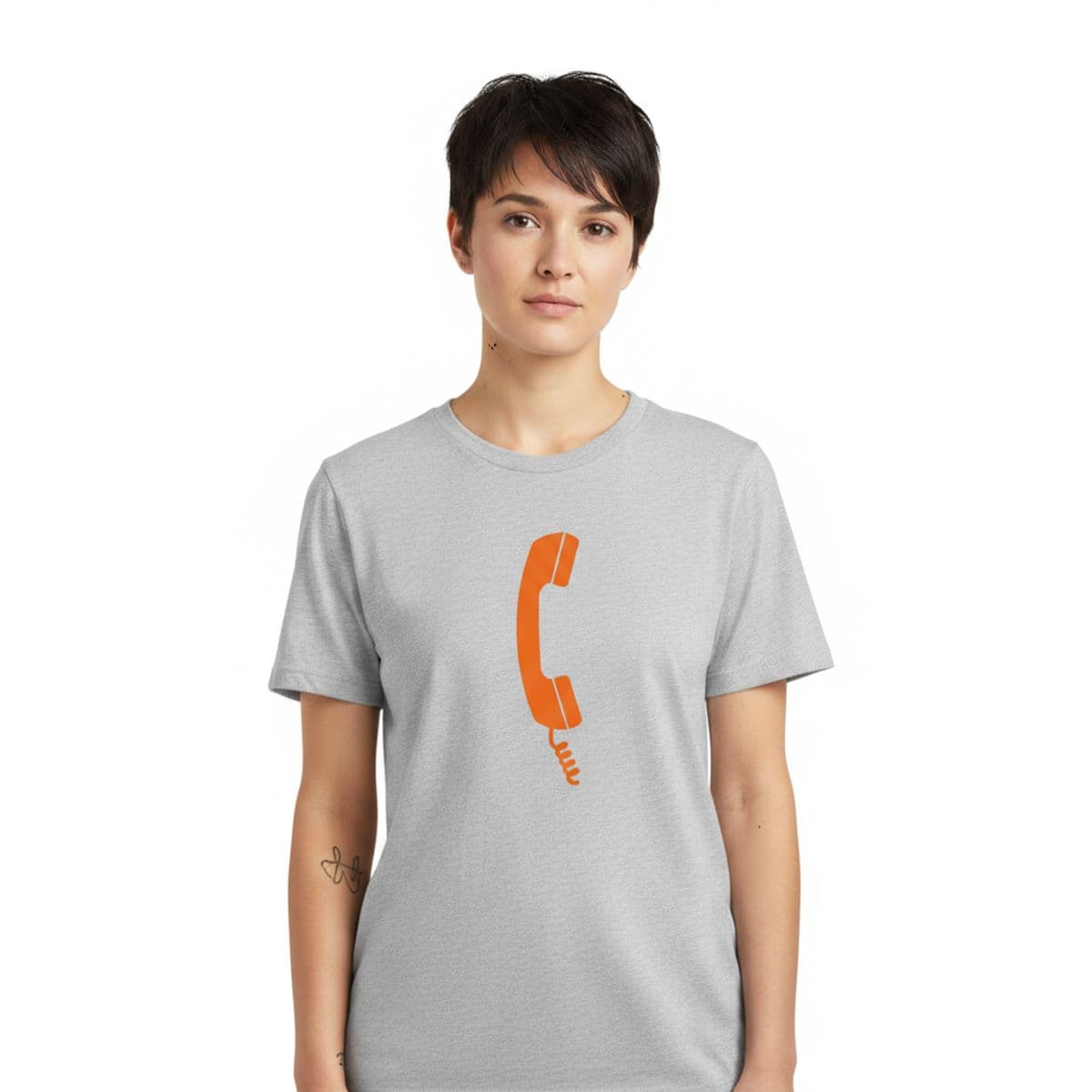 Brenda Squinting Into the Sun printed on a t-shirt, worn