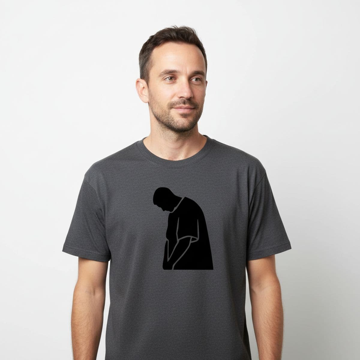 Bus Stop with a Crumpled Bootie printed on a t-shirt, worn
