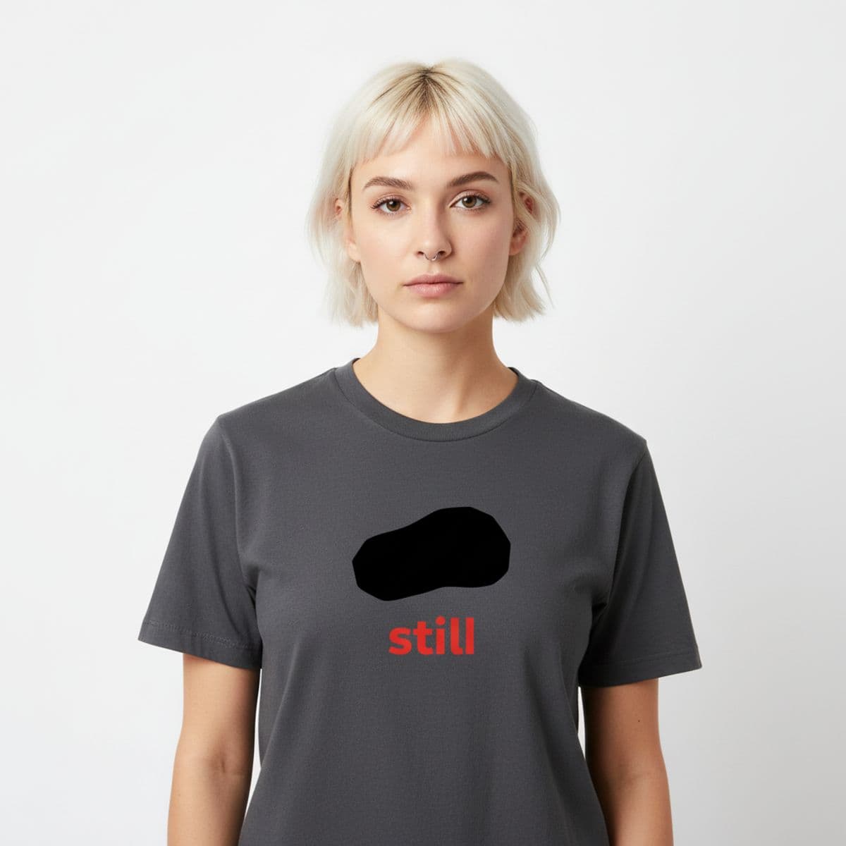 Cafeteria with a Lipstick Stain printed on a t-shirt, worn