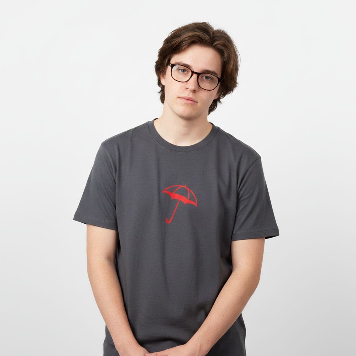 Don't Forget Your Umbrella printed on a t-shirt, worn