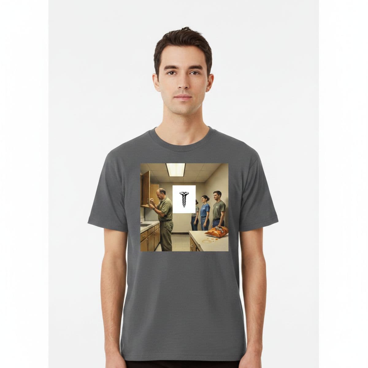 Doritos on the Counter printed on a t-shirt, worn