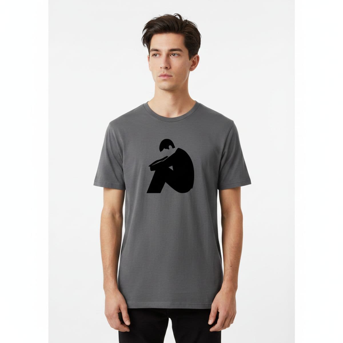 Egg on a Styrofoam Plate printed on a t-shirt, worn