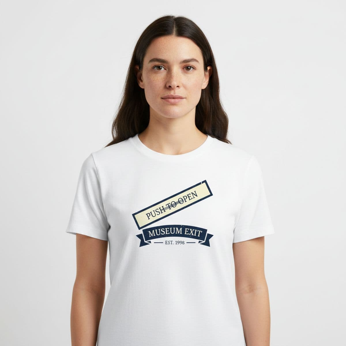 Fire Exit in the Gift Shop printed on a t-shirt, worn