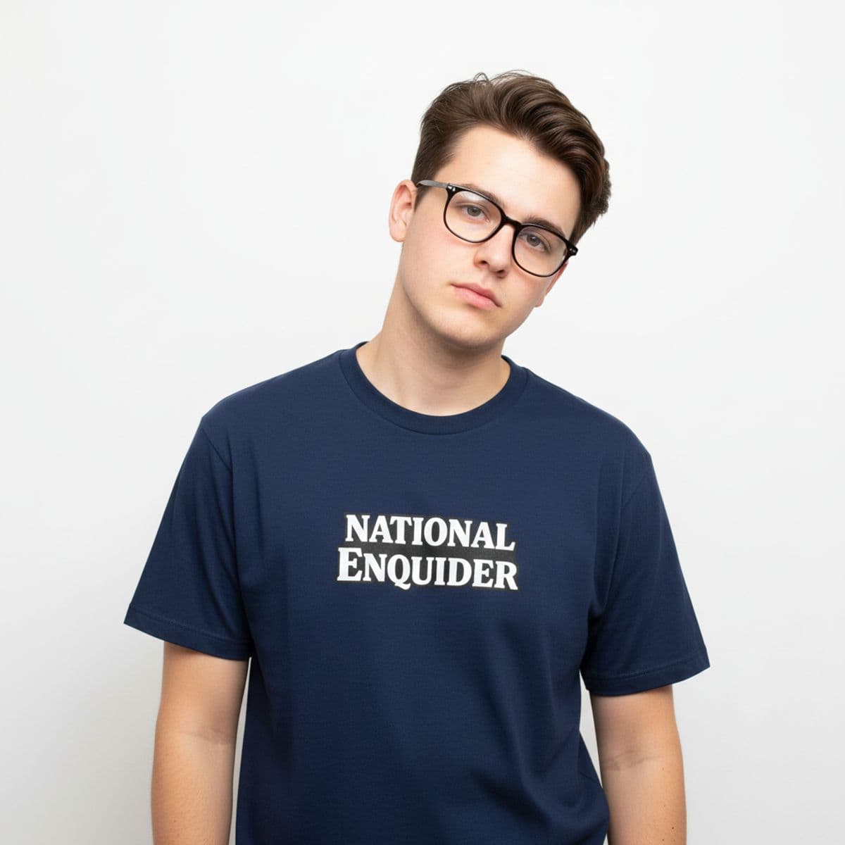 Flipping Through the Enquirer printed on a t-shirt, worn