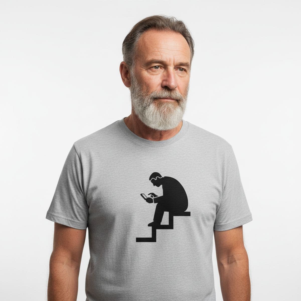 Game Screen in the Stairwell printed on a t-shirt, worn