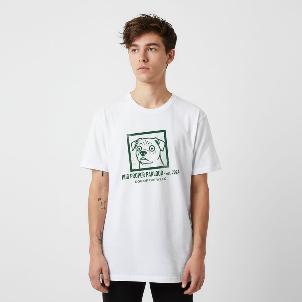 He Just Stared printed on a t-shirt, worn