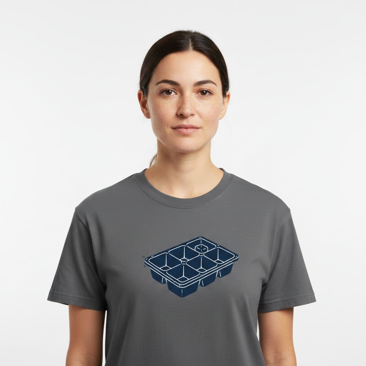 Ice Tray on Refrigerator Shelf printed on a t-shirt, worn
