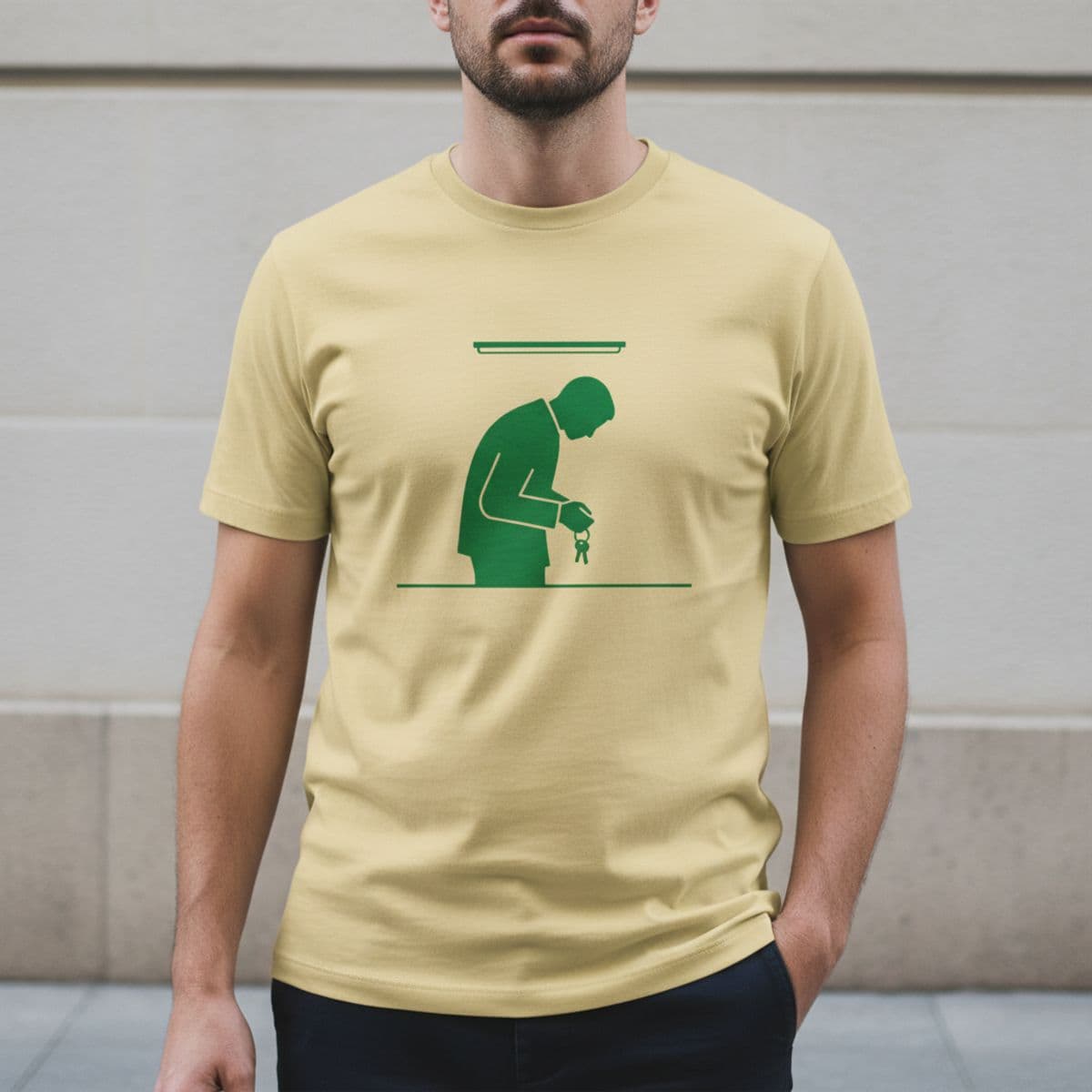 Locking the Glass Doors printed on a t-shirt, worn