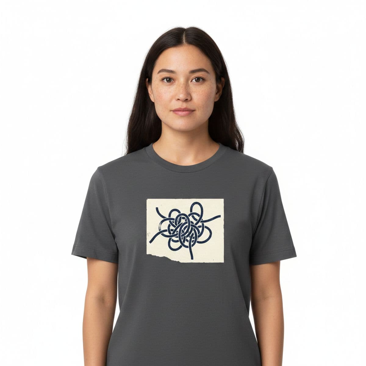 Man Untangling the Tubes printed on a t-shirt, worn