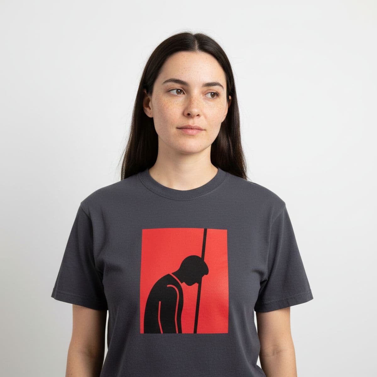 Maria Fills the Bottle printed on a t-shirt, worn