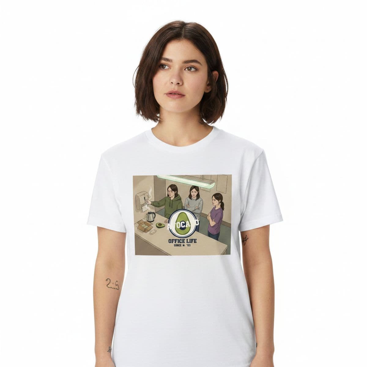Maria Reaches for Towels printed on a t-shirt, worn