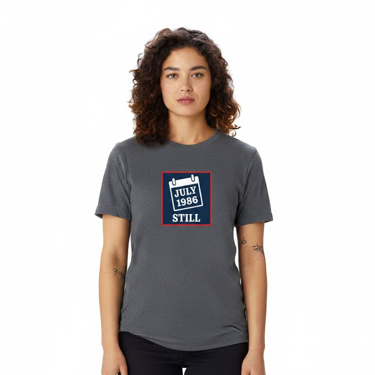 Marking July on a Calendar printed on a t-shirt, worn
