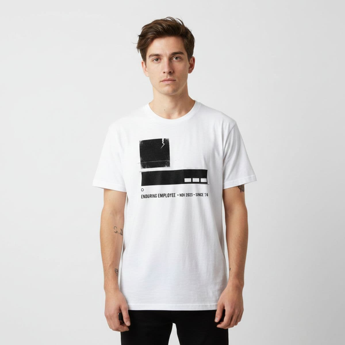 Plaque on a Scuffed Wall printed on a t-shirt, worn