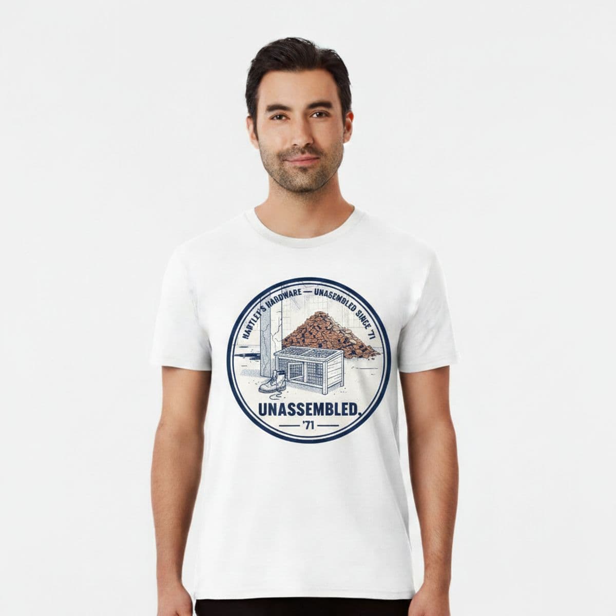 Rabbit Hutch in the Warehouse printed on a t-shirt, worn