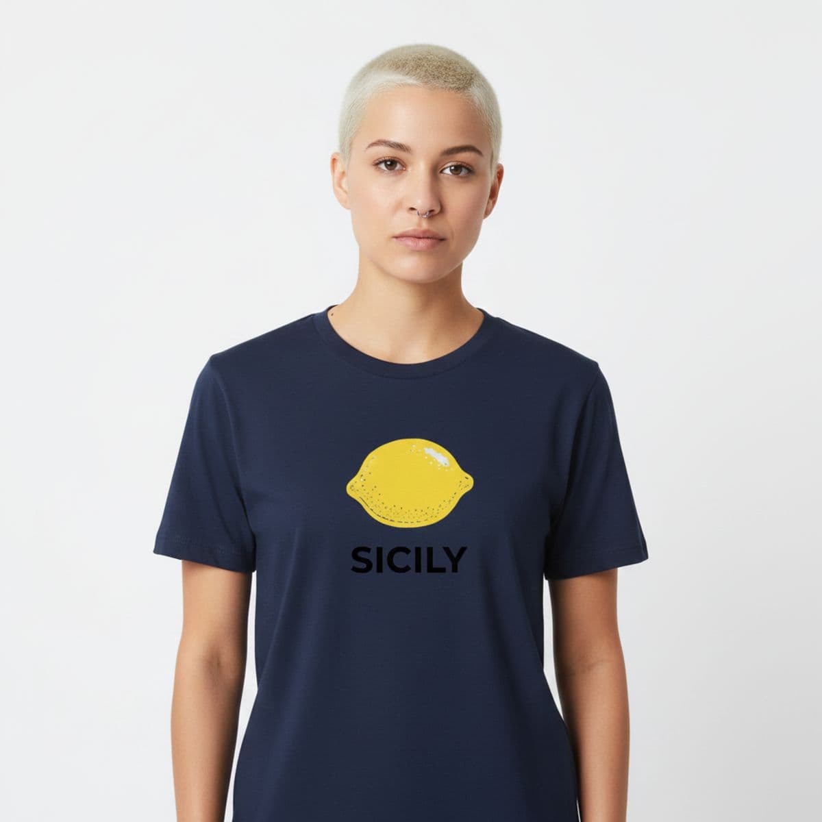 slow shift to the left printed on a t-shirt, worn