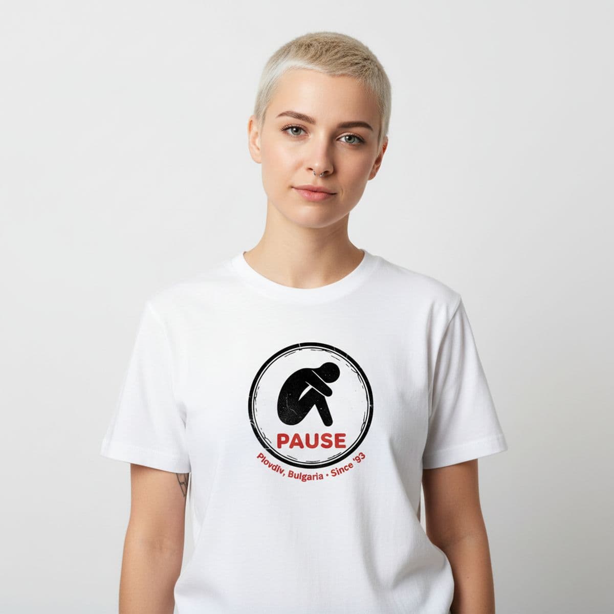 Someone Waiting for a Cue printed on a t-shirt, worn